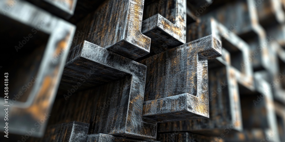 Poster textured metallic cubes in various shades of grey and rust, stacked in an abstract formation to crea