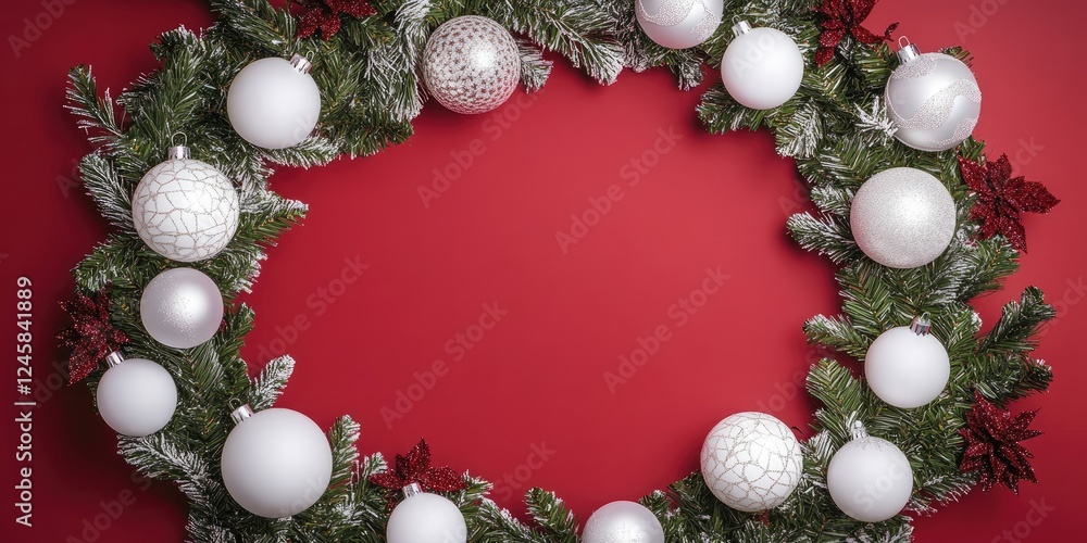 Poster elegant christmas wreath adorned with white and silver ornaments on a vibrant red background creatin