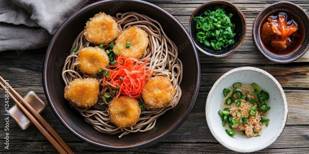 Aufkleber soba noodles topped with crispy kakiage, red pickled ginger, green onions in bowls, set on rustic wo