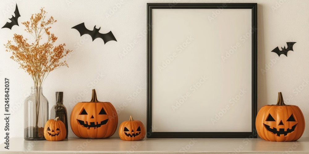 Poster halloween themed mockup frame displaying an empty poster on a light wall surrounded by orange jack o