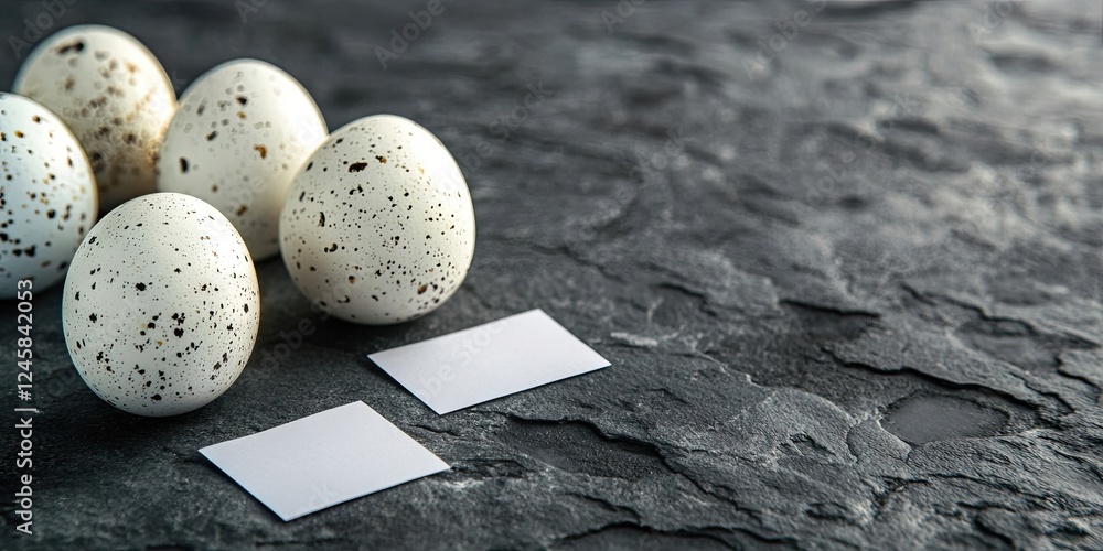 Poster ornamental spotted easter eggs arranged on a textured dark stone surface with blank white labels pos
