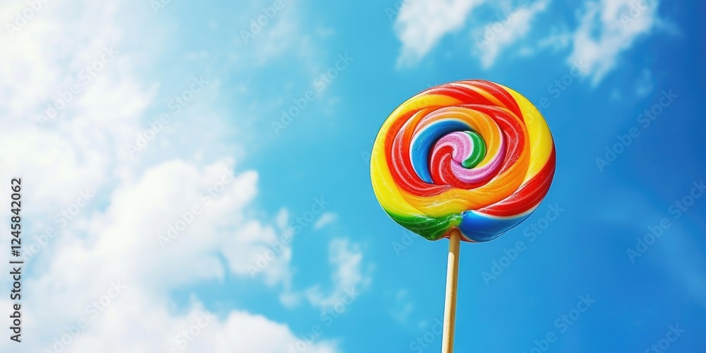 Poster vibrant rainbow lollipop in bright colors positioned centrally against a clear blue sky with fluffy 