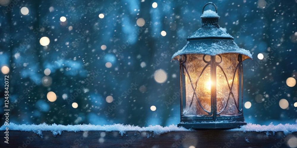 Aufkleber Lantern glowing softly in a snowy park scene with blue backdrop and warm yellow light creating serene winter magic with falling snowflakes