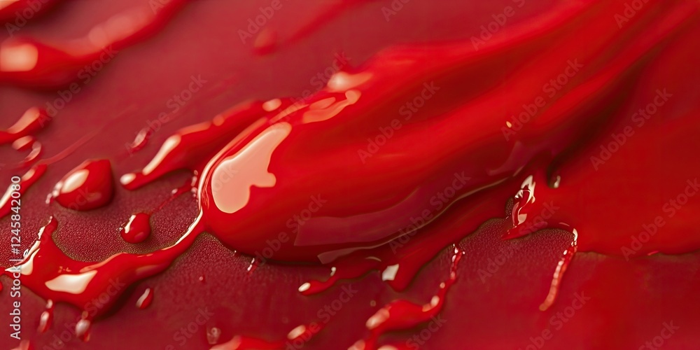 Leinwandbilder bright red paint spilled on a textured surface with glossy droplets reflecting light, creating a dyn