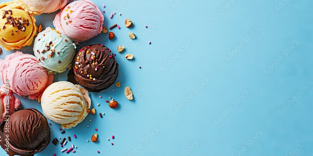 Poster colorful assortment of ice cream scoops in pink brown and mint arranged on a bright blue background 