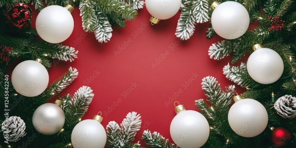 Poster Christmas scene with white ornaments and pine branches arranged in a circular pattern on a vibrant red background, creating a festive atmosphere.