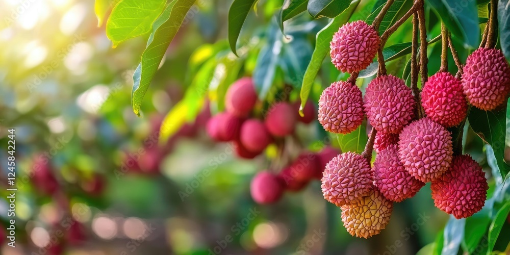 Poster ripe lychee fruits in varying shades of red hang from a lush green tree branch with sunlight filteri