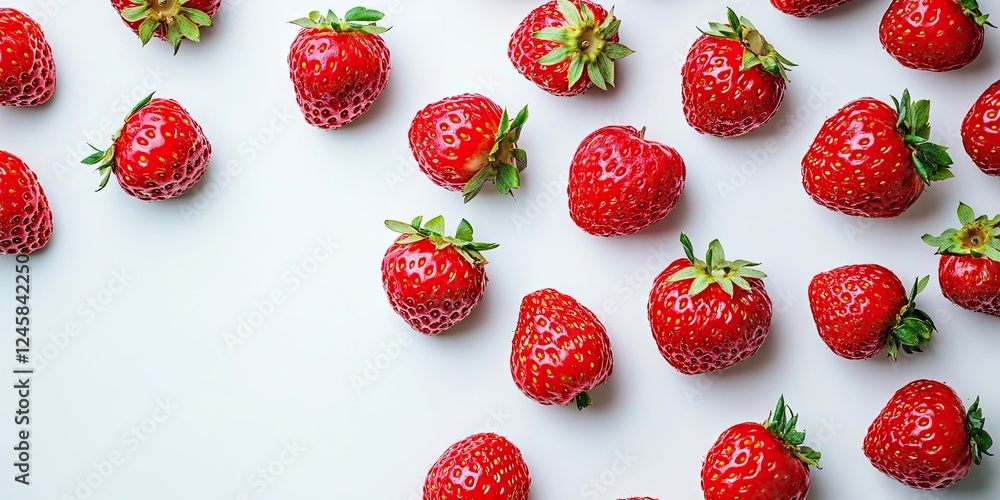 Poster Red ripe strawberries scattered on a bright white background with ample copy space available for text placement in the top and bottom areas.