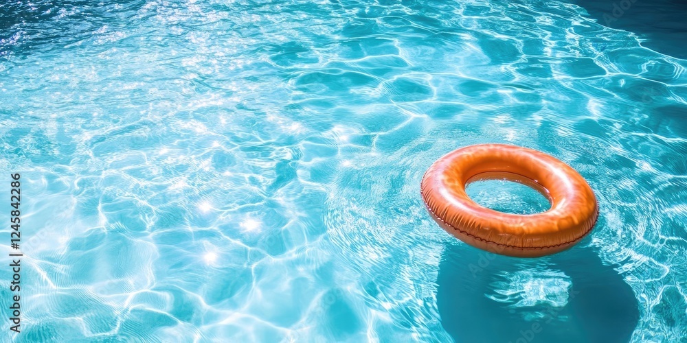 Aufkleber Swimming pool with shimmering turquoise water and a bright orange flotation ring floating in the center, capturing a summer vibe and relaxation.