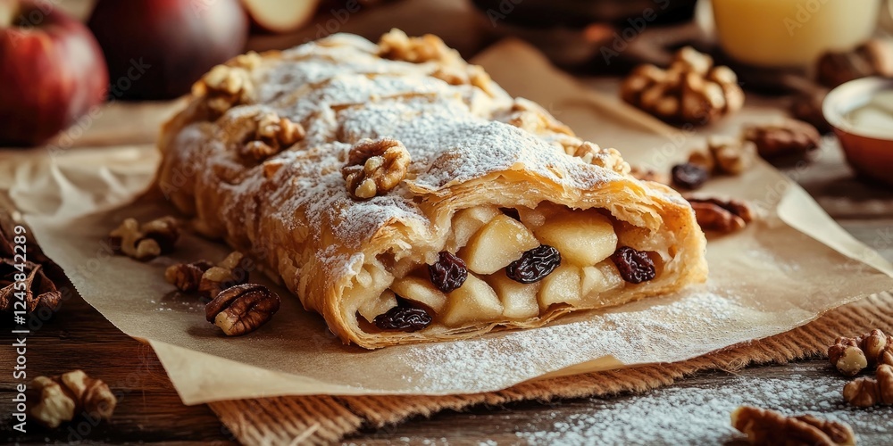 Aufkleber Delicious apple strudel dusted with powdered sugar, garnished with walnuts on a rustic wooden table with apples and spices in the background.