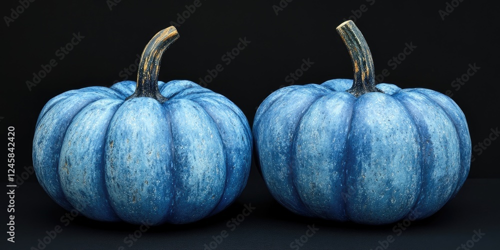 Poster blue pumpkins with textured skin placed symmetrically against a solid black background highlighting 
