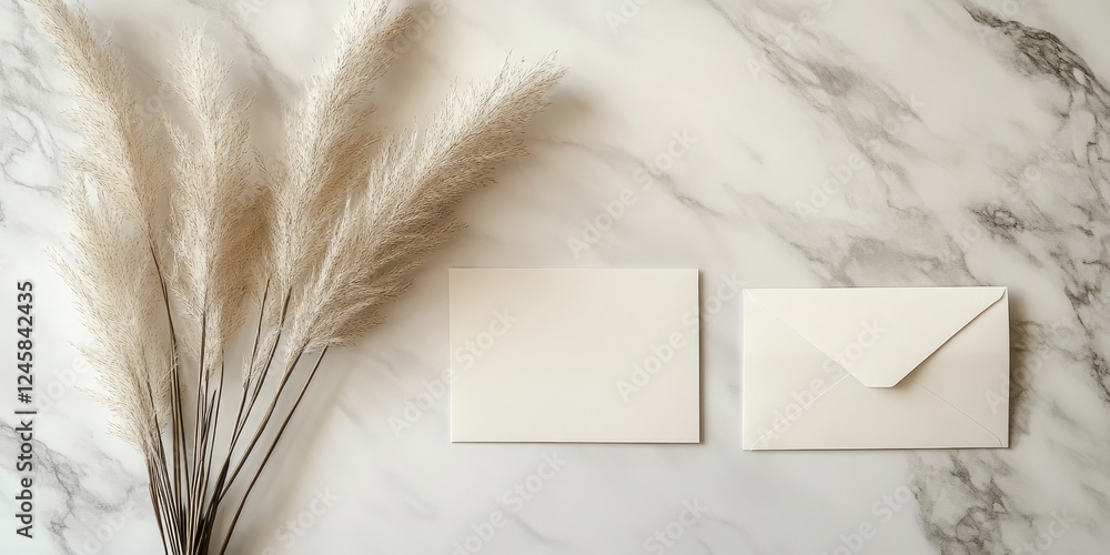 Aufkleber Minimalist flat lay of white envelopes on marble surface with soft pampas grass to the left creating a serene and elegant composition.