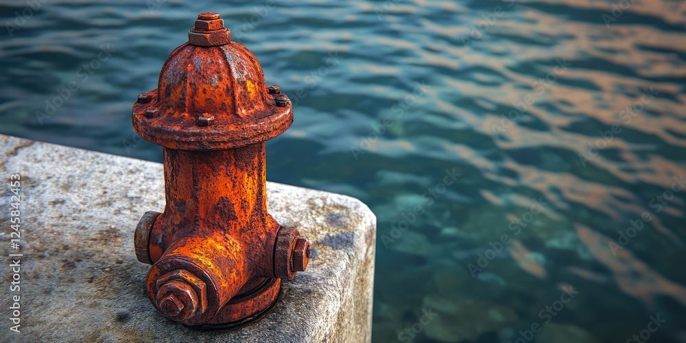 Aufkleber rusty fire hydrant positioned on a weathered concrete dock with calm blue water in the background re