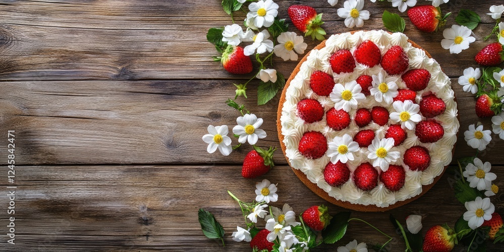 Aufkleber delicious summer cake adorned with fresh strawberries and white flowers on a wooden table with ample