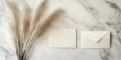 Minimalist flat lay of white envelopes on marble surface with soft pampas grass to the left creating a serene and elegant composition.