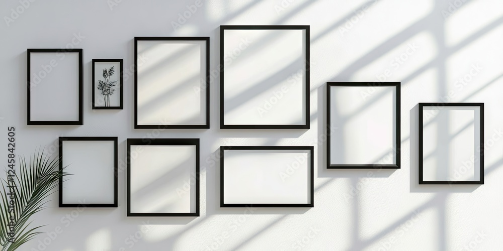 Leinwandbilder distinct black photo frames of various sizes arranged artistically on a white wall, with shadows cre
