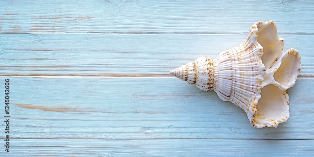 Poster Shell on light blue wooden background with soft texture, positioned to the right, creating space for text on the left side, ideal for beach themes.