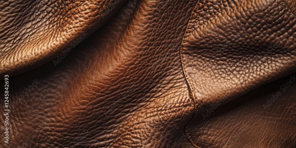 Poster close-up of textured brown leather with rich grain patterns and soft curves, showcasing warm earthy 