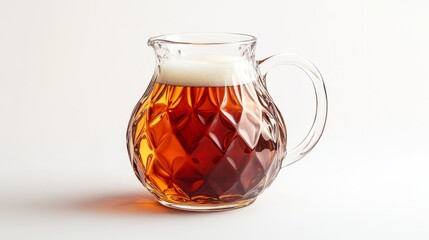 A jug of beer with a rich, dark amber color, isolated on a simple white background, with the foam just starting to settle