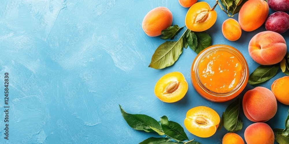 Poster vibrant apricot jam in a jar surrounded by fresh apricots and plums on a textured blue background wi