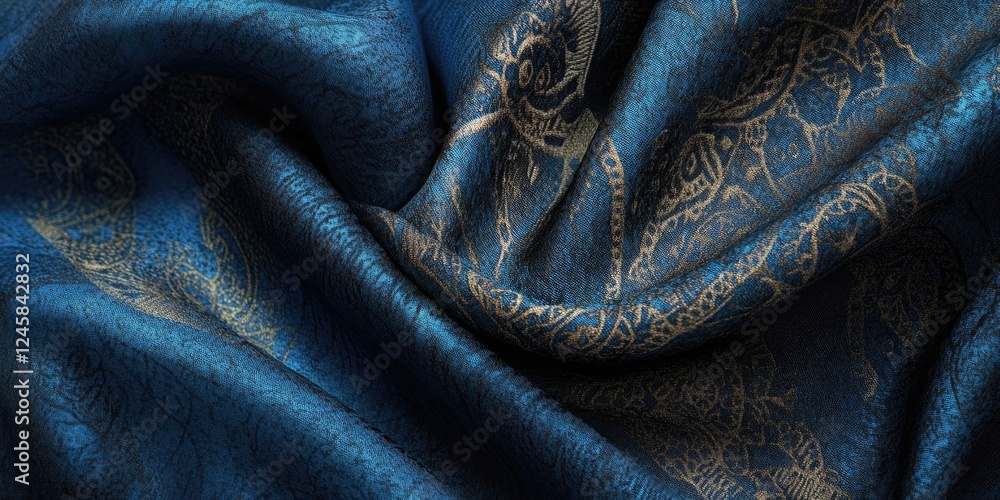Poster Rich blue and gold patterned fabric draped elegantly with soft folds and a textured surface creating a luxurious textile backdrop.