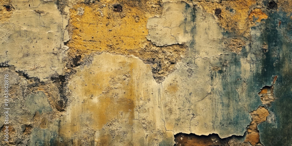 Poster aging wall texture showcasing a blend of yellow, brown, and green hues with visible cracks and layer