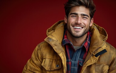 A man in a brown jacket with a plaid shirt and a red hoodie is smiling