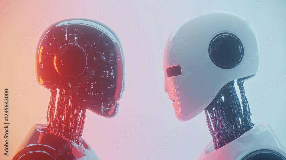 Poster two sleek robots in contrasting colors engage in a silent exchange, surrounded by a soft glow that h