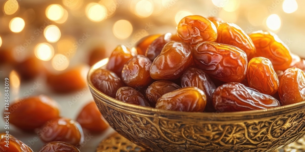 Poster Bowl of gleaming brown dates in ornate gold bowl with soft glowing lights in the background creating a warm inviting ambiance
