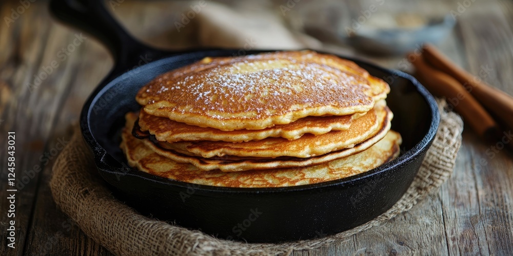 Poster golden pancakes stacked in a cast iron skillet adorned with powdered sugar and cinnamon on a rustic 