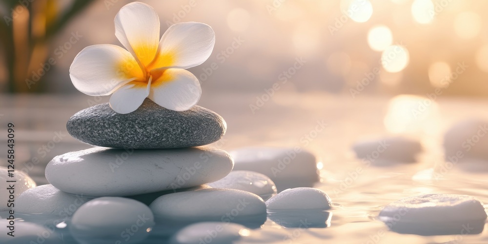 Aufkleber spa stones stacked with a white flower on top against a soft blurred background featuring warm golde