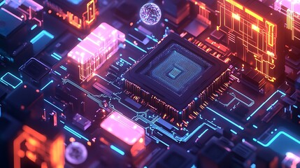 Fototapeta premium An intricate isometric banner of a CPU, with luminous circuits and floating holographic data elements symbolizing futuristic quantum technology.