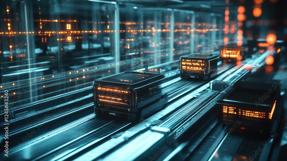 Aufkleber A high-angle shot of a conveyor system with autonomous carts moving in sync, with dynamic network signals glowing in the background, representing modern tech integration.
