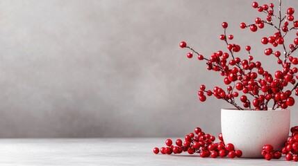 Red berries in white pot, grey background, winter decor, holiday card