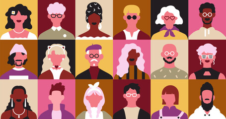 Diverse characters, avatars grid. Different people head portraits pattern in modern style. Creative men, women, abstract faces. Fashion stylish male and female set. Colored flat vector illustration