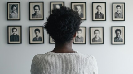 Woman viewing ancestral portraits, home gallery, family history research