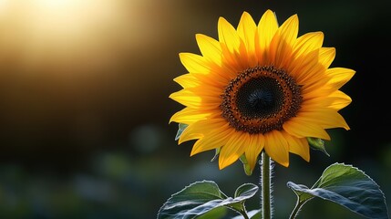Fototapeta premium Vibrant sunflower blooming in soft sunlight, surrounded by lush greenery, symbolizing summer joy
