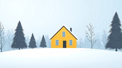 Naklejka premium Cozy Yellow House in a Snowy Winter Landscape.