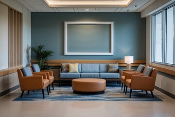 Modern Hospital Lounge Design with Stylish Seating and Empty Wall Frame