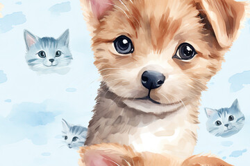 Obraz premium Adorable Puppy and Kittens Watercolor Painting