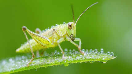 Fototapeta premium Green grasshopper on dew-covered leaf, nature background, macro photography, website banner
