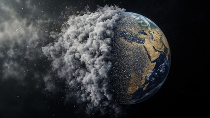 Fototapeta premium conceptual digital art of Earth covered in a layer of PM2.5 pollution with one side being cleaned by nature, dramatic environmental contrast, ultra-detailed