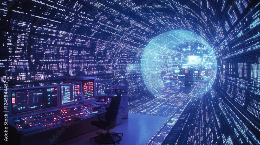 Aufkleber A high-tech control room with digital data streams descending from a circular projection, lighting up the space with glowing consoles and advanced equipment.