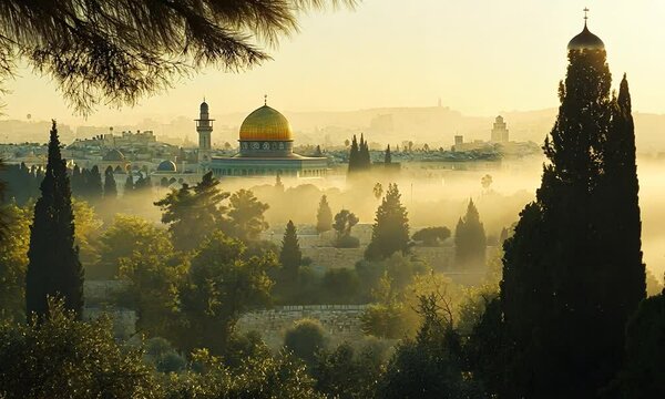 Serene Morning View of Jerusalem's Golden Dome and Misty Trees