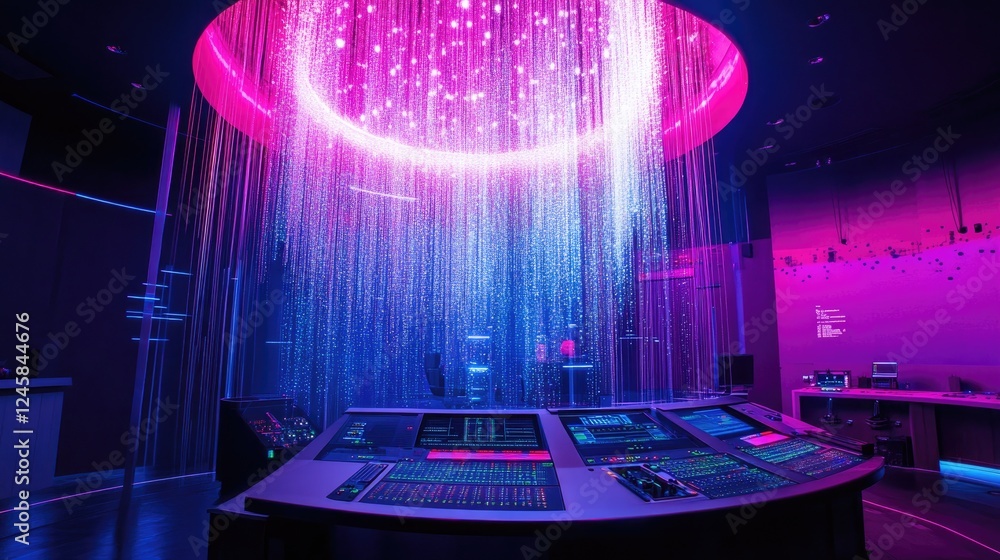 Poster A high-tech control room with digital data streams descending from a circular projection, lighting up the space with glowing consoles and advanced equipment.