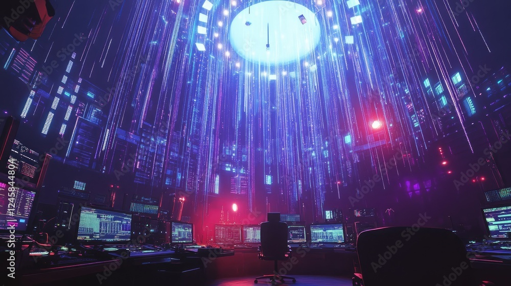 Poster A high-tech control room with digital data streams descending from a circular projection, lighting up the space with glowing consoles and advanced equipment.