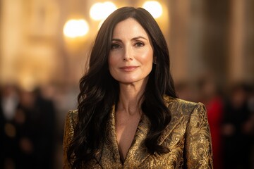 Obraz premium Elegant woman in a golden outfit poses confidently at a high-profile evening event in an exquisite setting