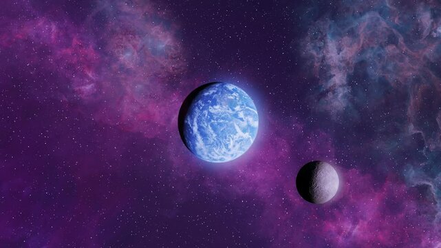 Earth and its Moon in space

A beautiful view of Earth and its Moon, floating in the vastness of space. The cosmic background features vibrant purple and blue nebulae, enhancing the beauty of this cel