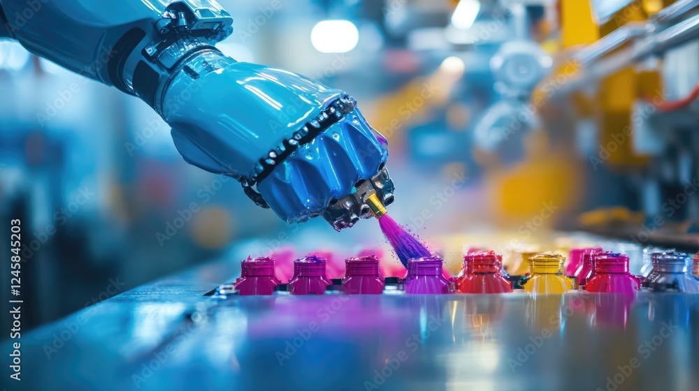Poster a high-tech robotic arm painting car parts with colorful sprays, emphasizing the precision and autom