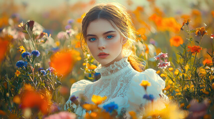 Woman dressed iin white with blue eyes. walking through a field of flowers. Dynamics. Cinematic, realistic, detailed. Vogue style. Bright, saturated colors. 